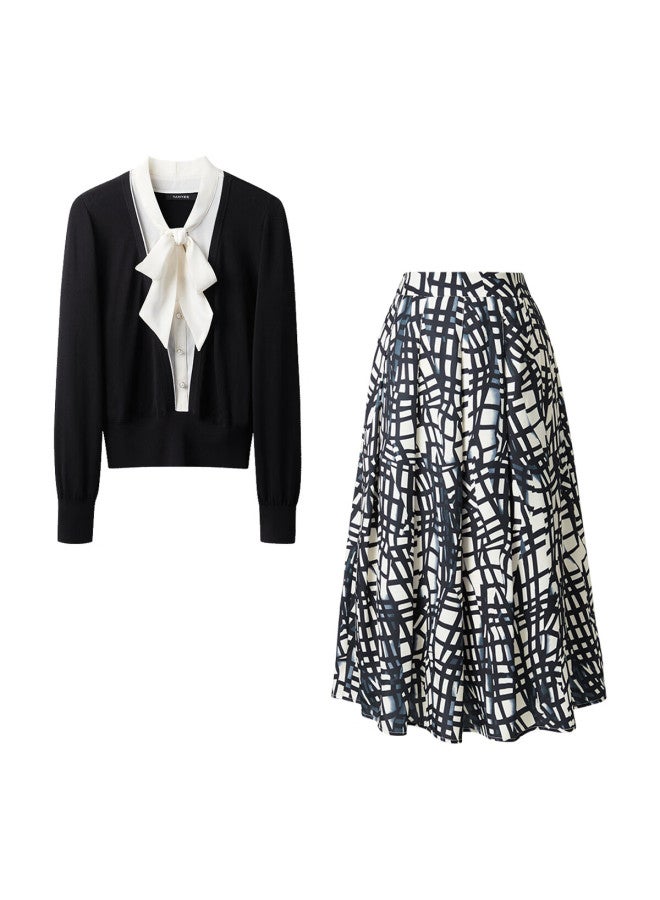 Yanyee Women's 2-piece Set Fake Two-piece Knit Sweater And Skirt Black XL Spring Elegant Outfit - Image 3