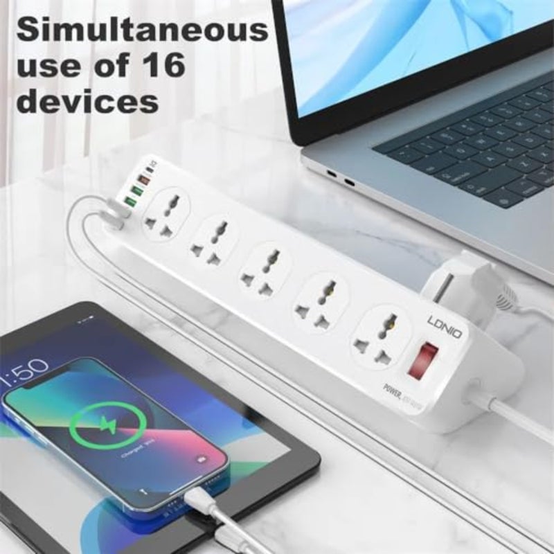 قطاع الطاقة 10 منافذ و6 منافذ USB 32 وات PD حامي زيادة الشحن السريع 2 متر سلك تمديد عالي التحمل في الإمارات العربية المتحدة متوافق مع الاتحاد الأوروبي والمملكة المتحدة وقابس الولايات المتحدة ولوحة الطاقة للمكتب المنزلي - Image 3