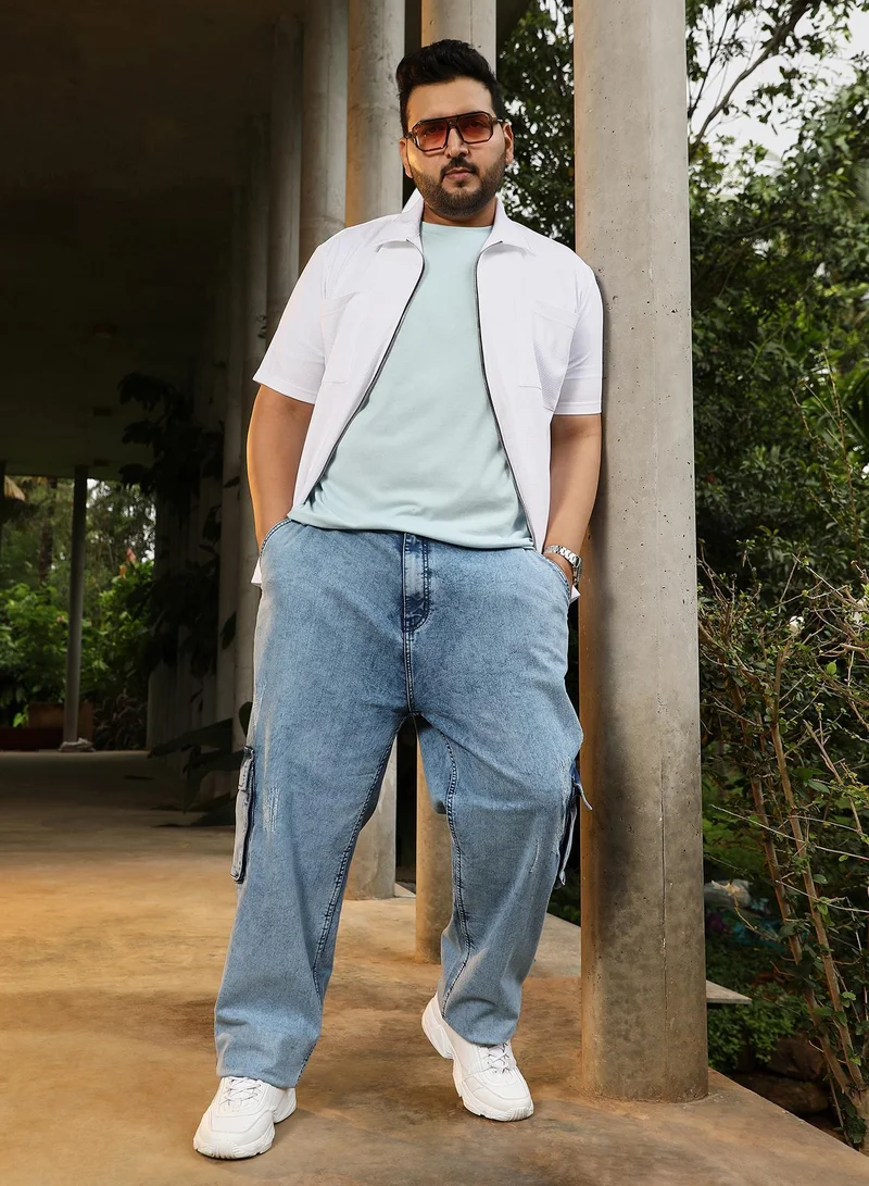 Instafab Plus  Men's Navy Blue Straight-Fit Utility Denim Jeans | Mid-Rise , Straight Hem , Button Closure | Light-Distress Denim Cotton Material For Street & Casual Wear for Men | Best Price UAE