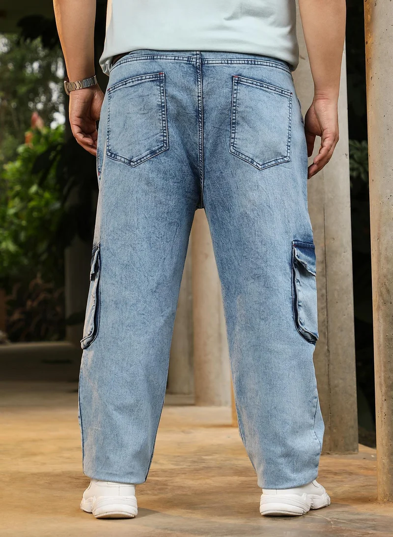 Instafab Plus  Men's Navy Blue Straight-Fit Utility Denim Jeans | Mid-Rise , Straight Hem , Button Closure | Light-Distress Denim Cotton Material For Street & Casual Wear for Men | Best Price UAE