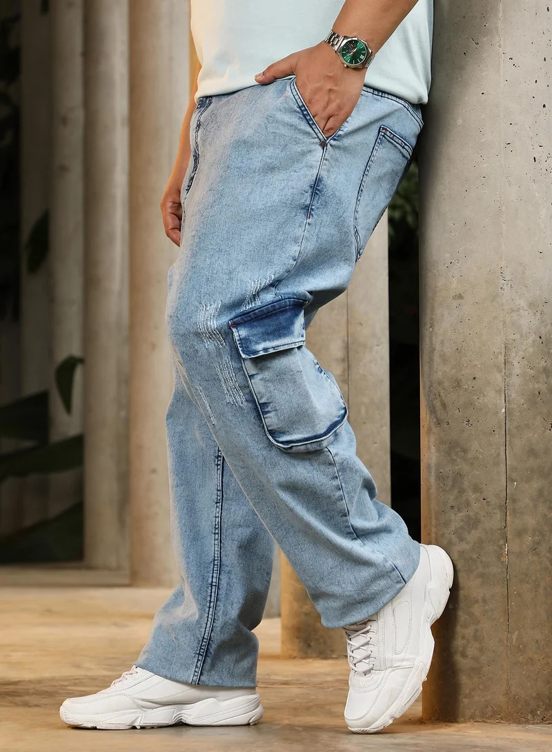 Instafab Plus  Men's Navy Blue Straight-Fit Utility Denim Jeans | Mid-Rise , Straight Hem , Button Closure | Light-Distress Denim Cotton Material For Street & Casual Wear for Men | Best Price UAE