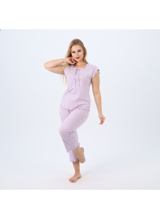 zecotex  Embroidered Women’s Cotton Pajama Set – Cap Sleeve Top & Cropped Pants – Soft Summer Loungewear (Sizes S to 2XL)  - Image 3