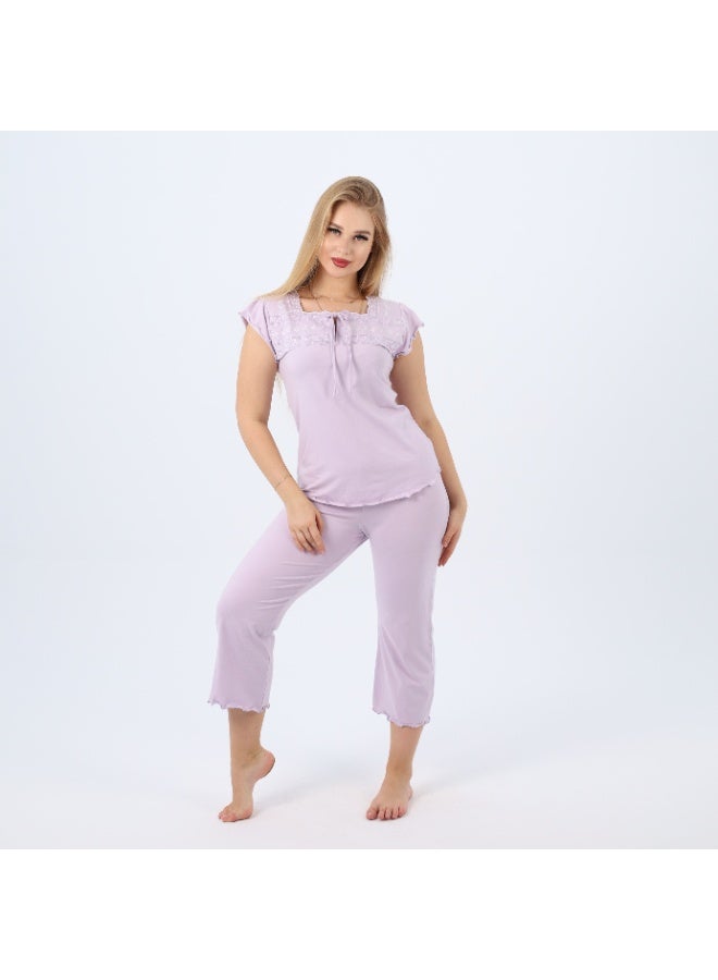 zecotex  Embroidered Women’s Cotton Pajama Set – Cap Sleeve Top & Cropped Pants – Soft Summer Loungewear (Sizes S to 2XL)  - Image 5