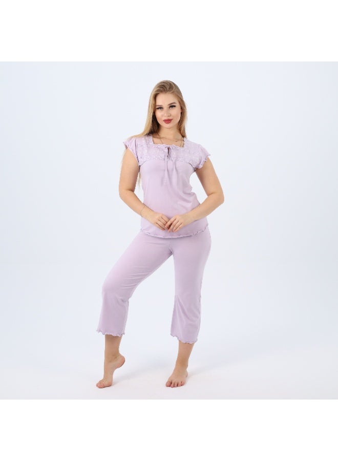zecotex  Embroidered Women’s Cotton Pajama Set – Cap Sleeve Top & Cropped Pants – Soft Summer Loungewear (Sizes S to 2XL)  - Image 4