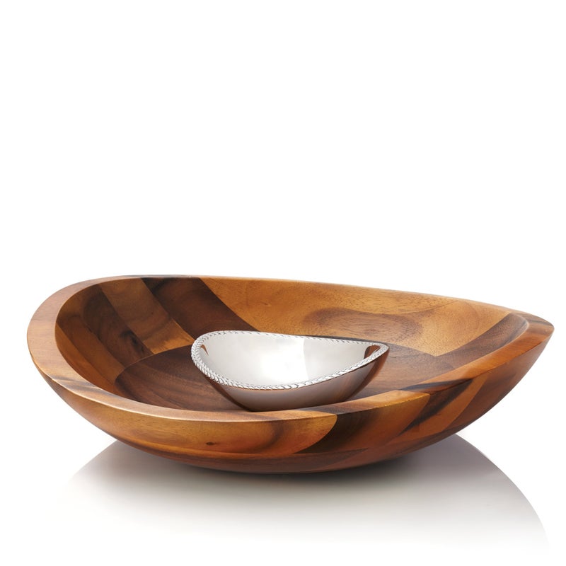 Nambe nambe Braid Chip and Dip Serving Bowl  Made of Acacia Wood  Inner Bowl Made of Metal Alloy  Chill or Heat to Serve Dip  Measures 16Inches  Designed by Sean OHara 