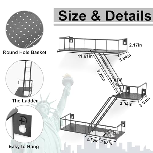 LUDORU Fire Escape Wall Shelf with Baskets, 3-Tier Metal Fire Escape Ladder Shelf Wall Organizer, New York Inspired Decorative Shelf, Black Floating Action Figurine Display Shelves for Bedroom, Home Décor. - Image 2