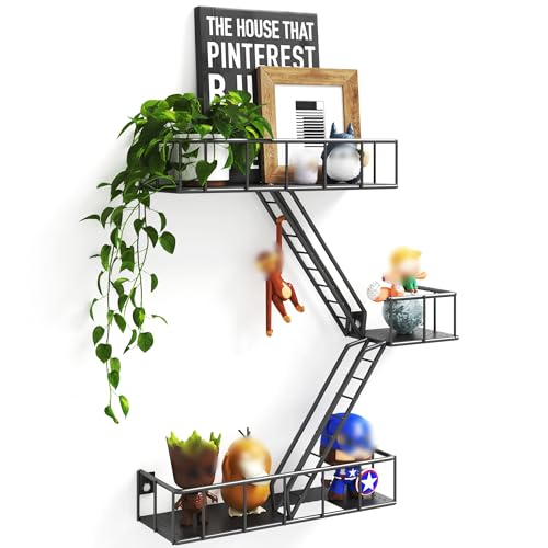 LUDORU Fire Escape Wall Shelf with Baskets, 3-Tier Metal Fire Escape Ladder Shelf Wall Organizer, New York Inspired Decorative Shelf, Black Floating Action Figurine Display Shelves for Bedroom, Home Décor. - Image 1