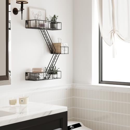 LUDORU Fire Escape Wall Shelf with Baskets, 3-Tier Metal Fire Escape Ladder Shelf Wall Organizer, New York Inspired Decorative Shelf, Black Floating Action Figurine Display Shelves for Bedroom, Home Décor. - Image 4