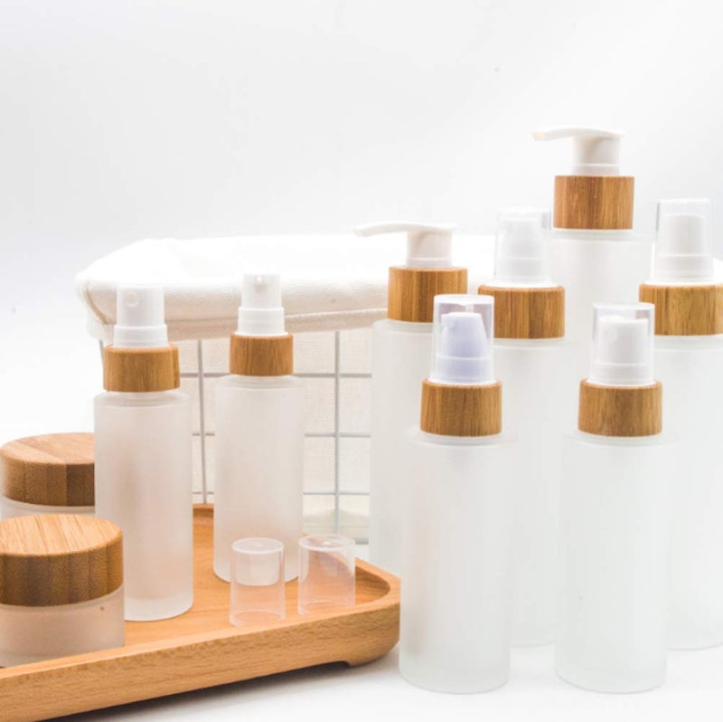 Natuworld 1PCS 150ml/5oz Frosted Glass Pump Bottles Empty Refillable Press Pump Bottle with Bamboo Pump Head Toiletries Storage Containers for Shampoo Essential Oils Shower Gel Hand Wash Lotion Dispenser - Image 5