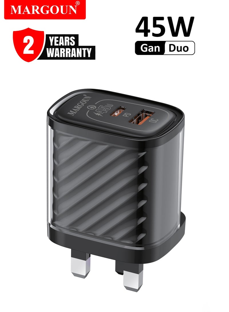 MARGOUN 45W Power Adapter Duo, Dual USB-C & USB-A Ports, PD & QC Super Fast Charging With Cable Type-C for Samsung Galaxy S23/S24/S25 Series Black - Image 3