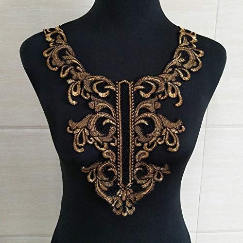 FEEPOP 1Pieces Golden Embroidery Lace Collar Fabric Trim DIY Embroidery Lace Fabric Neckline Applique Sewing Craft - Image 2
