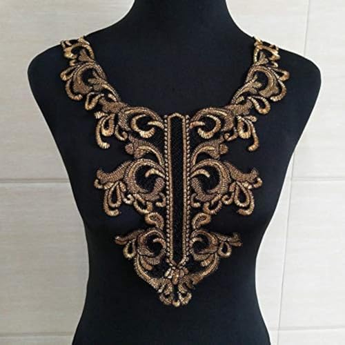 FEEPOP 1Pieces Golden Embroidery Lace Collar Fabric Trim DIY Embroidery Lace Fabric Neckline Applique Sewing Craft - Image 1