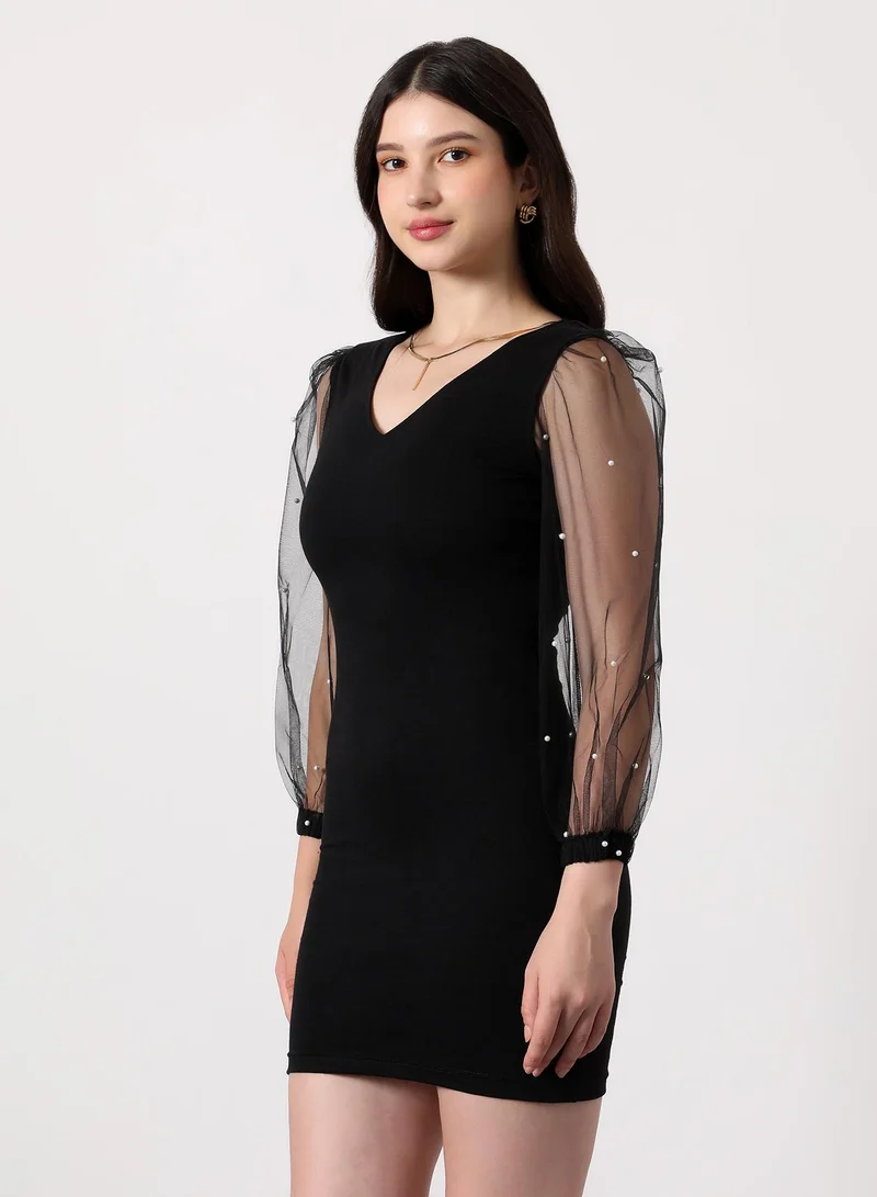 PINACOLADA Women's Embellished-Sheer Bodycon Dress | V Neck , Quarter Balloon Sleeves, Zipper Closure | Solid Plain | Knitted Dress For Casual & Evening Wear | Onyx Black