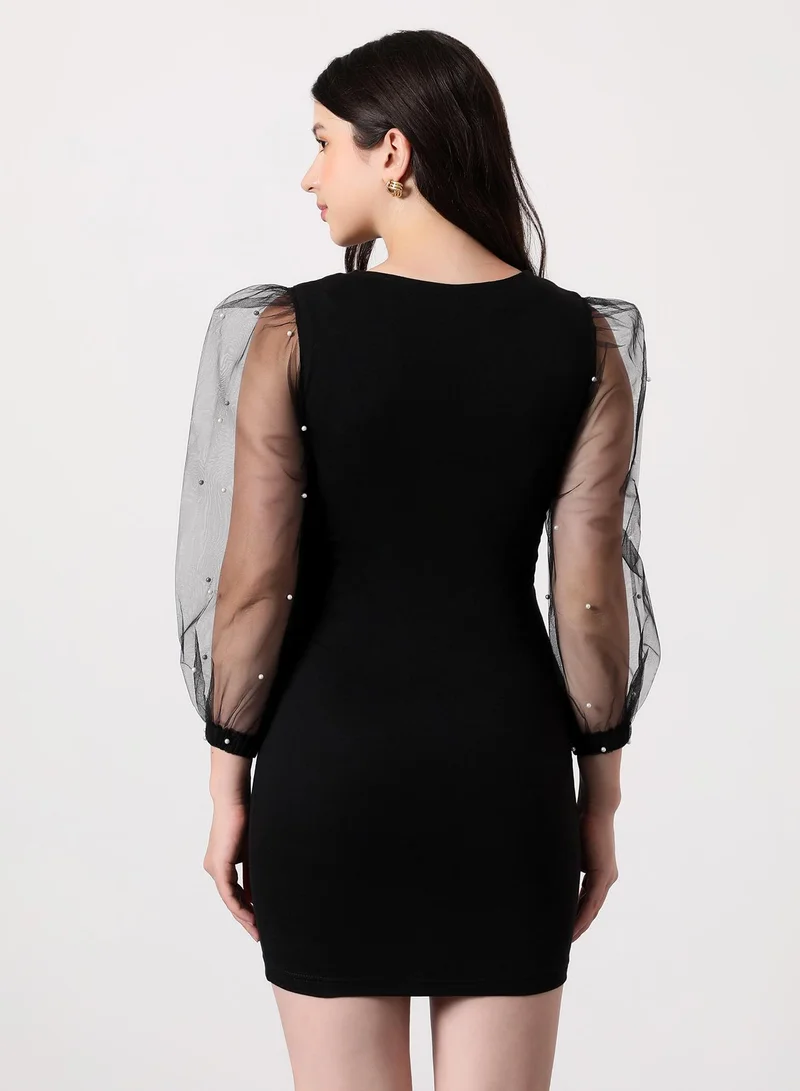 PINACOLADA Women's Embellished-Sheer Bodycon Dress | V Neck , Quarter Balloon Sleeves, Zipper Closure | Solid Plain | Knitted Dress For Casual & Evening Wear | Onyx Black