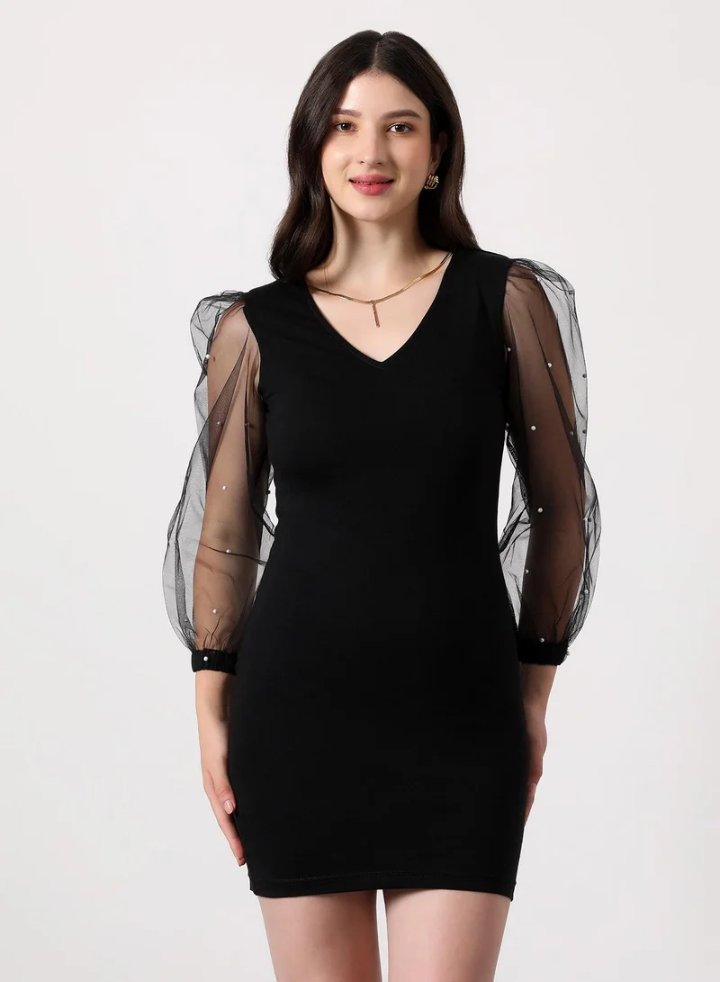 PINACOLADA Women's Embellished-Sheer Bodycon Dress | V Neck , Quarter Balloon Sleeves, Zipper Closure | Solid Plain | Knitted Dress For Casual & Evening Wear | Onyx Black