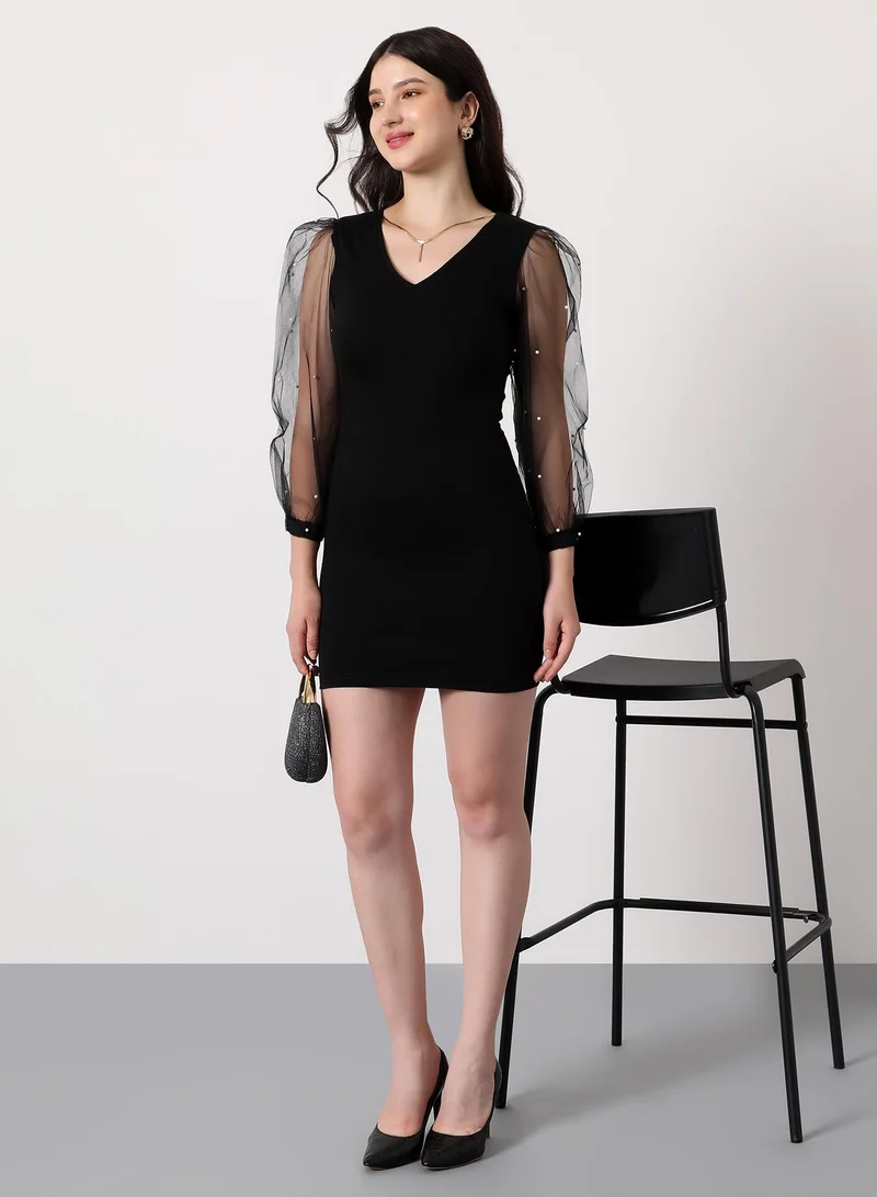 PINACOLADA Women's Embellished-Sheer Bodycon Dress | V Neck , Quarter Balloon Sleeves, Zipper Closure | Solid Plain | Knitted Dress For Casual & Evening Wear | Onyx Black