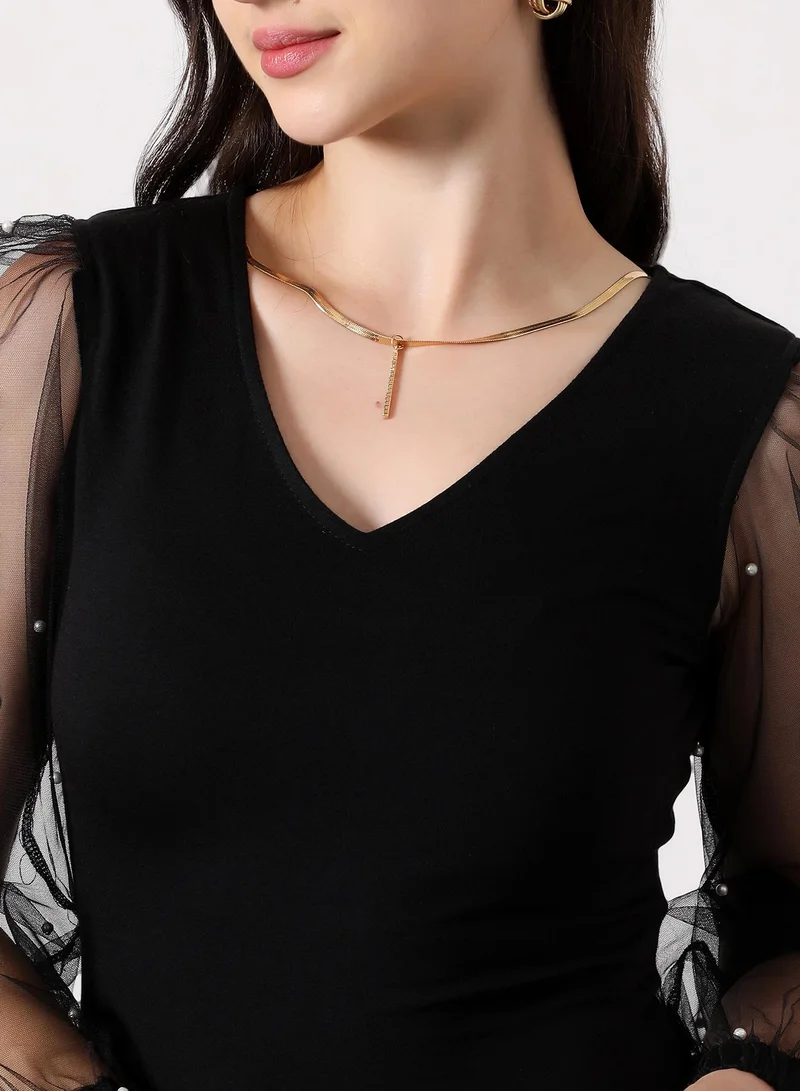 PINACOLADA Women's Embellished-Sheer Bodycon Dress | V Neck , Quarter Balloon Sleeves, Zipper Closure | Solid Plain | Knitted Dress For Casual & Evening Wear | Onyx Black