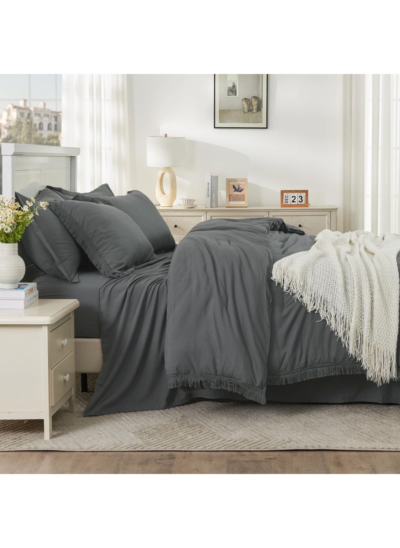 Andency Andency Dark Grey Full Size Comforter Set with Sheets - 7 Pieces Boho Tassel Bed in a Bag Soft Lightweight Bedding Sets  Dark Grey Fringe Bed Set with Comforter  Sheets  Pillowcases & Shams  - Image 3