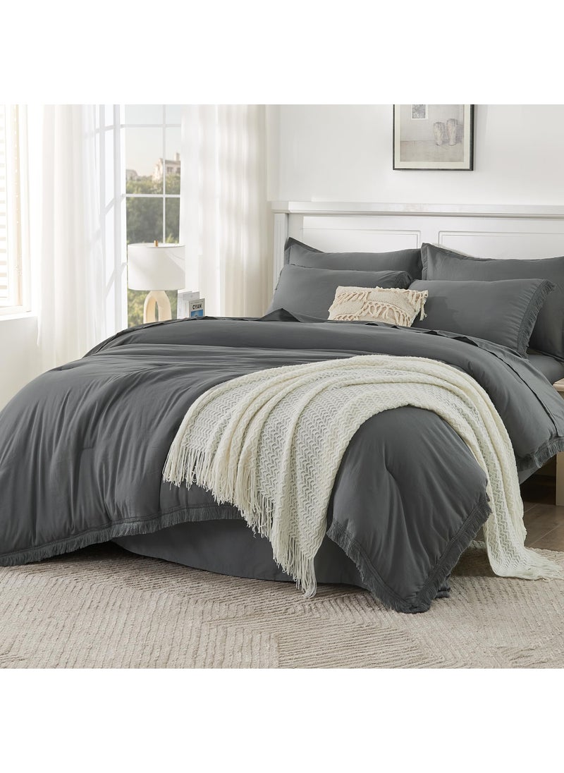 Andency Andency Dark Grey Full Size Comforter Set with Sheets - 7 Pieces Boho Tassel Bed in a Bag Soft Lightweight Bedding Sets  Dark Grey Fringe Bed Set with Comforter  Sheets  Pillowcases & Shams  - Image 1