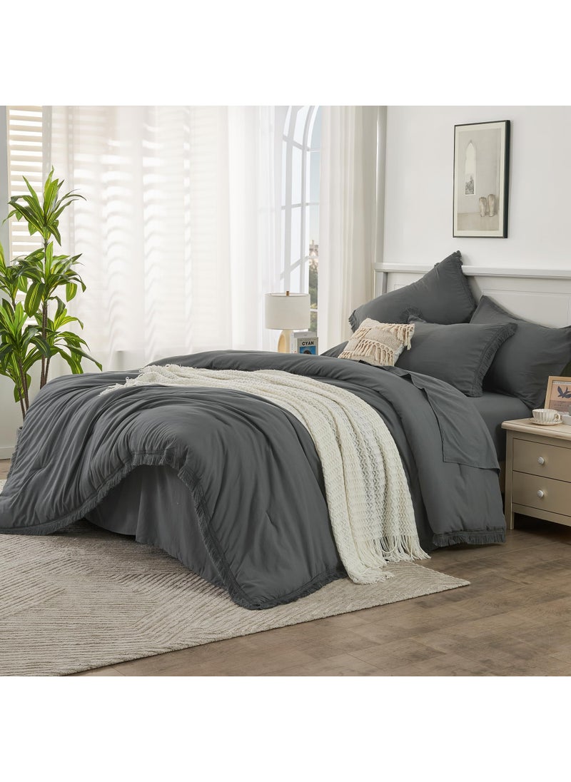 Andency Andency Dark Grey Full Size Comforter Set with Sheets - 7 Pieces Boho Tassel Bed in a Bag Soft Lightweight Bedding Sets  Dark Grey Fringe Bed Set with Comforter  Sheets  Pillowcases & Shams  - Image 2