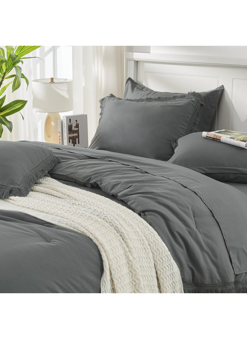 Andency Andency Dark Grey Full Size Comforter Set with Sheets - 7 Pieces Boho Tassel Bed in a Bag Soft Lightweight Bedding Sets  Dark Grey Fringe Bed Set with Comforter  Sheets  Pillowcases & Shams  - Image 5
