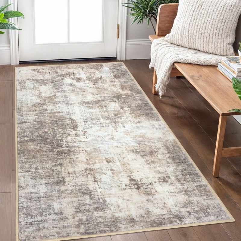IOHOUZE Abstract Area Rug 3x5 Ft Washable Rugs for Entryway Indoor, Non Slip Kitchen Rug Printed Faux Wool Throw Rugs, Indoor Door Mat for Door Entrance Foyer Living Room, Beige Brown - Image 1