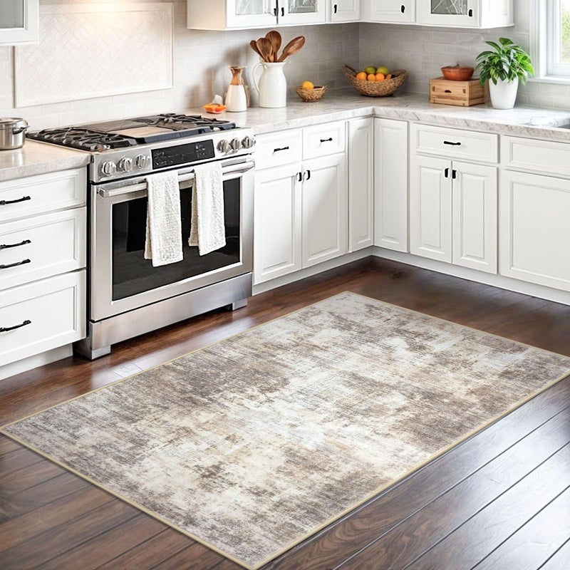 IOHOUZE Abstract Area Rug 3x5 Ft Washable Rugs for Entryway Indoor, Non Slip Kitchen Rug Printed Faux Wool Throw Rugs, Indoor Door Mat for Door Entrance Foyer Living Room, Beige Brown - Image 2