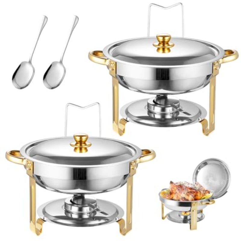 Chafing Dish Buffet Set, 4.5 Liter, Stainless Steel Buffet Set, Round Catering Warmer with Lid Water Tray Holder Fuel Rack Lid Shelf Spoon for Any Party 2 Pcs - Image 1