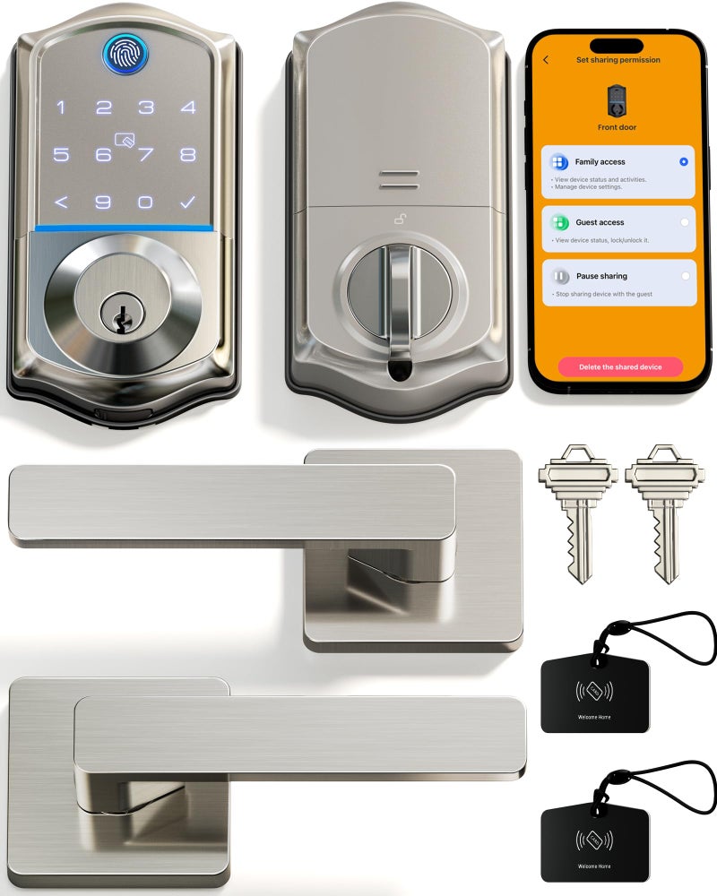 Veise VE017-B Fingerprint Smart Lock for Front Door, App Control, 8-in-1 Keyless Entry Deadbolt with 2 Zinc Alloy Lever Handles Set, Emergency Power Port, Auto Lock, Electronic Keypad, Satin Nickel - Image 1