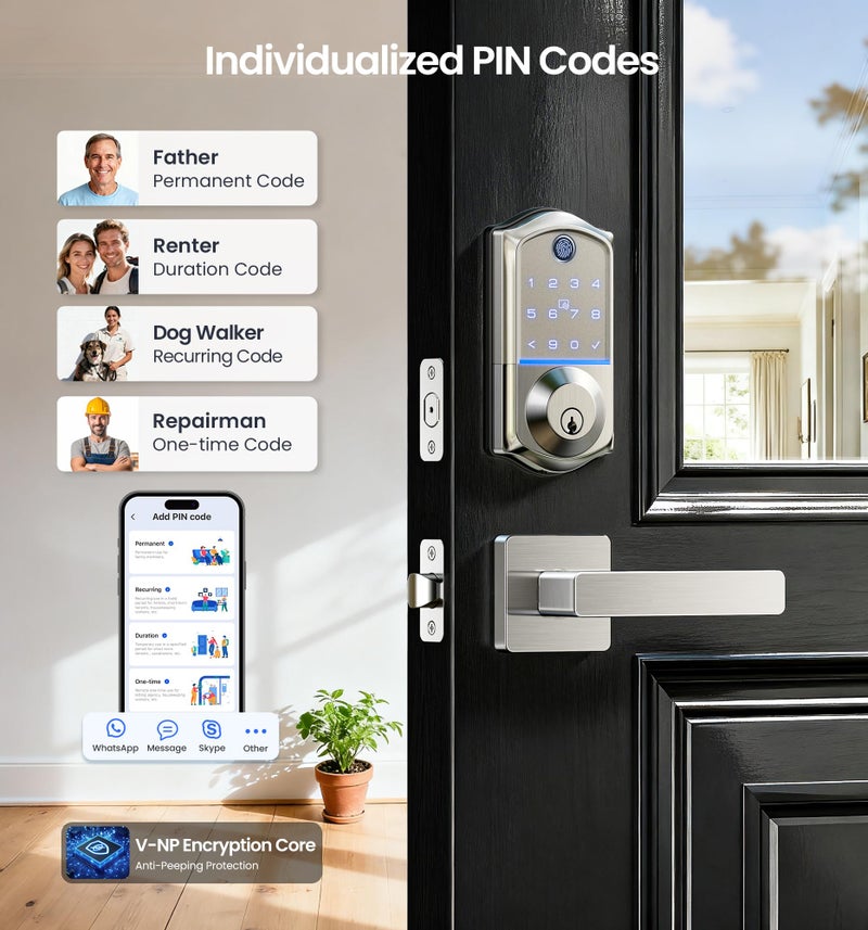 Veise VE017-B Fingerprint Smart Lock for Front Door, App Control, 8-in-1 Keyless Entry Deadbolt with 2 Zinc Alloy Lever Handles Set, Emergency Power Port, Auto Lock, Electronic Keypad, Satin Nickel - Image 4