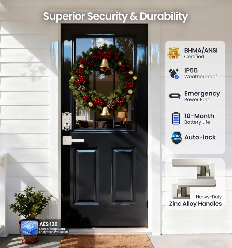 Veise VE017-B Fingerprint Smart Lock for Front Door, App Control, 8-in-1 Keyless Entry Deadbolt with 2 Zinc Alloy Lever Handles Set, Emergency Power Port, Auto Lock, Electronic Keypad, Satin Nickel - Image 5