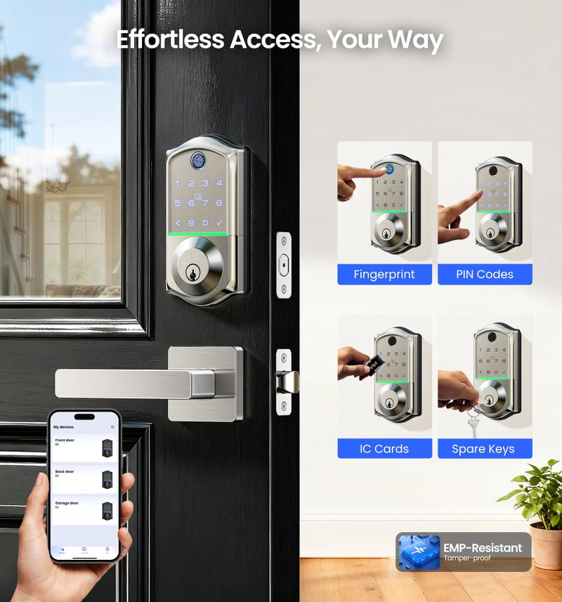 Veise VE017-B Fingerprint Smart Lock for Front Door, App Control, 8-in-1 Keyless Entry Deadbolt with 2 Zinc Alloy Lever Handles Set, Emergency Power Port, Auto Lock, Electronic Keypad, Satin Nickel - Image 2