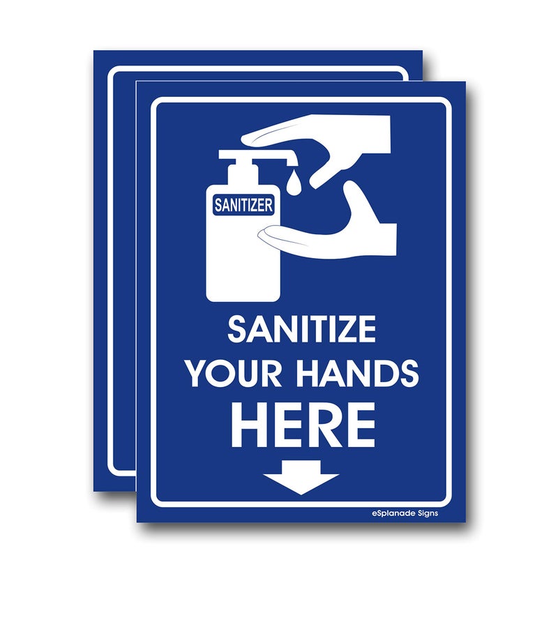 eSplanade Sanitize Your Hands Here Sign Sticker Decal - 2 pcs - Easy to Mount Weather Resistant Long Lasting Ink - 8" x 6" Inches - Image 1