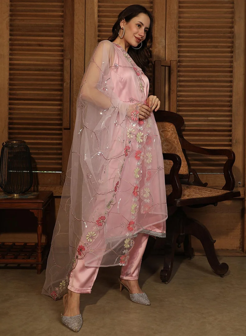 QISSA Women's Powder Pink Blush Bloom Kurta Set