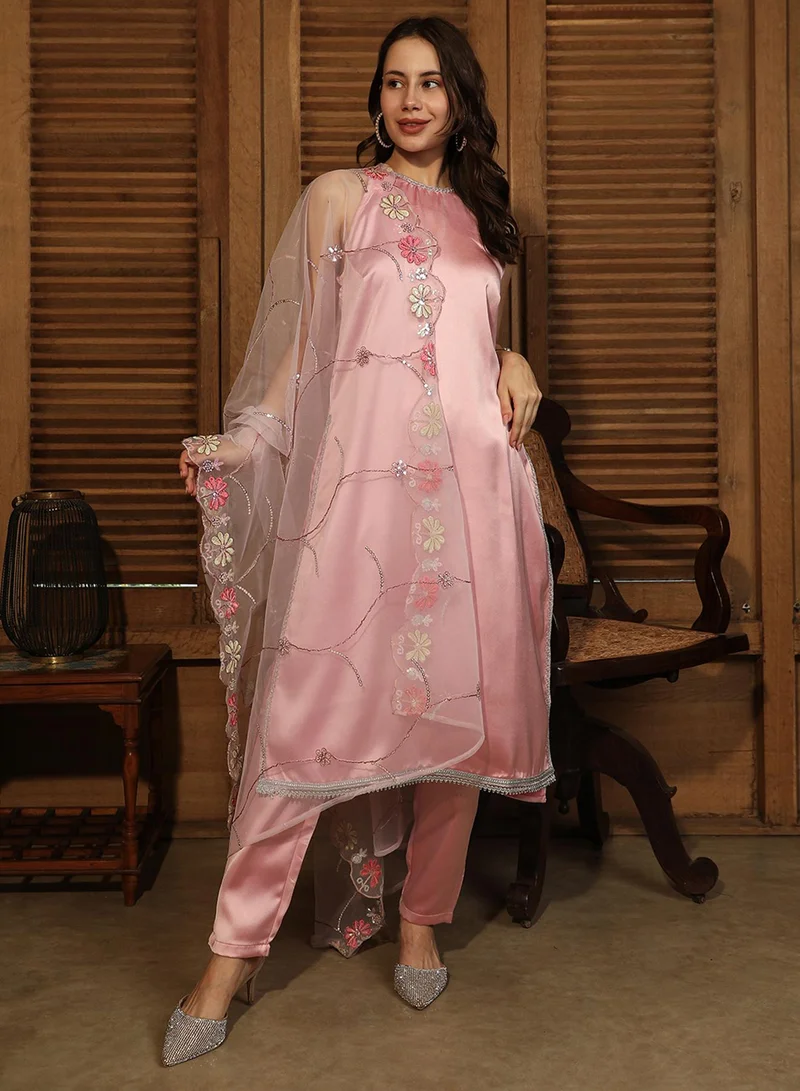QISSA Women's Powder Pink Blush Bloom Kurta Set