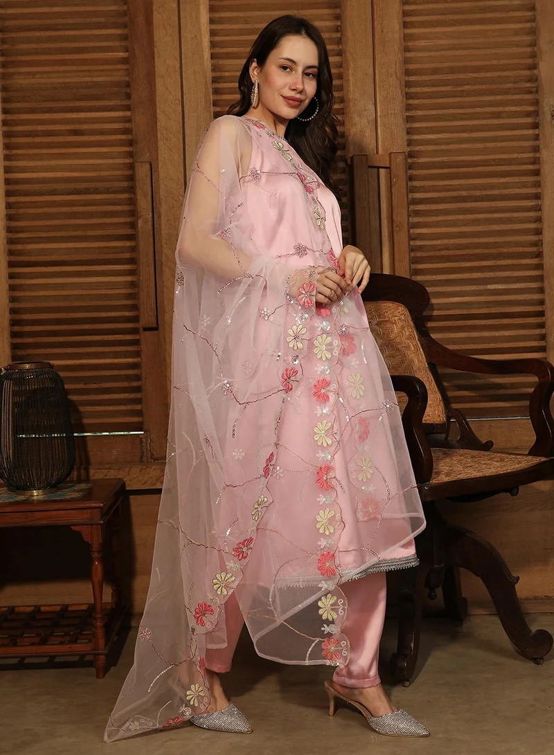 QISSA Women's Powder Pink Blush Bloom Kurta Set