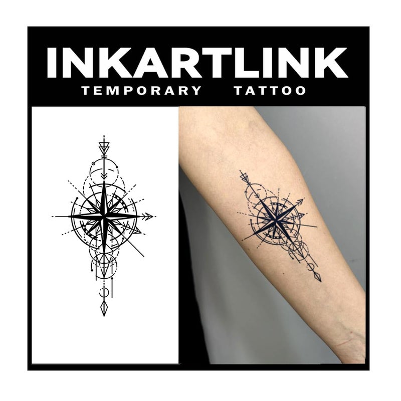 INKARTLINK Tattoo Tech 2 Sheets Large Semi Permanent Tattoo Adult Art Design Temporary Tattoos Lasts 12 Weeks Waterproof Realistic Look No Adhesive No Reflection Compass Knight Design