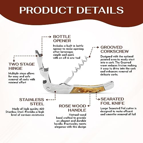 Wine Chic The Wine Chic Premium Professional Corkscrew Wine Opener with Elegant Wood Handle, Manual Wine Key with Foil Knife and Cap Bottle Opener for Bartenders, Waiters and Sommeliers - Image 2