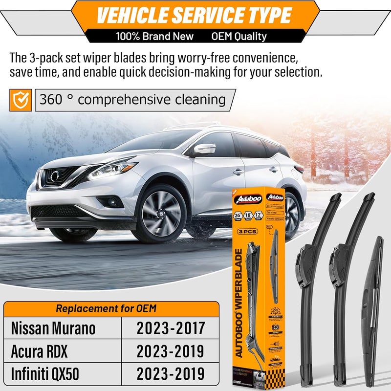 AUTOBOO 26in+18in Windshield Wipers with 12in Rear Wiper Blade Replacement for Nissan Murano Infiniti (Pack of 3) - Image 2