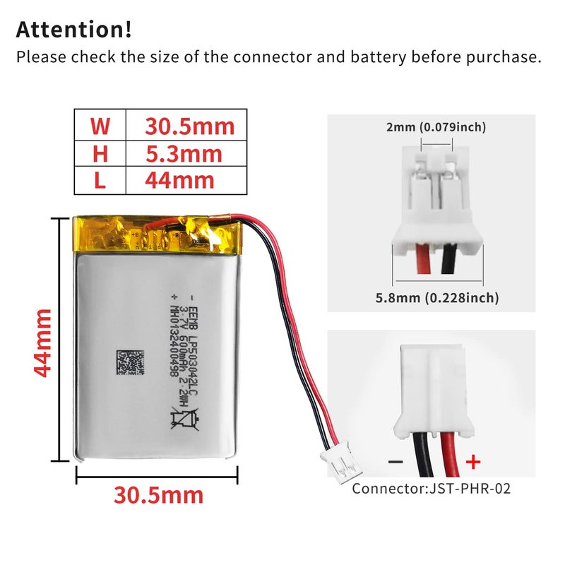 Eemb 3.7V Lipo Battery 600Mah 503042 Lithium Polymer Ion Battery Rechargeable Lithium Ion Polymer Battery With Jst Connector Make Sure Device Polarity Matches With Battery Before Purchase!!! - Image 3