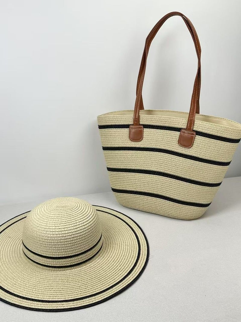 One-Shoulder Straw Bag Hat Set Women'S Bag Large-Capacity Tote Bag Seaside Vacation Satchel Beach Bag Women'S Two-Piece Set - Image 4