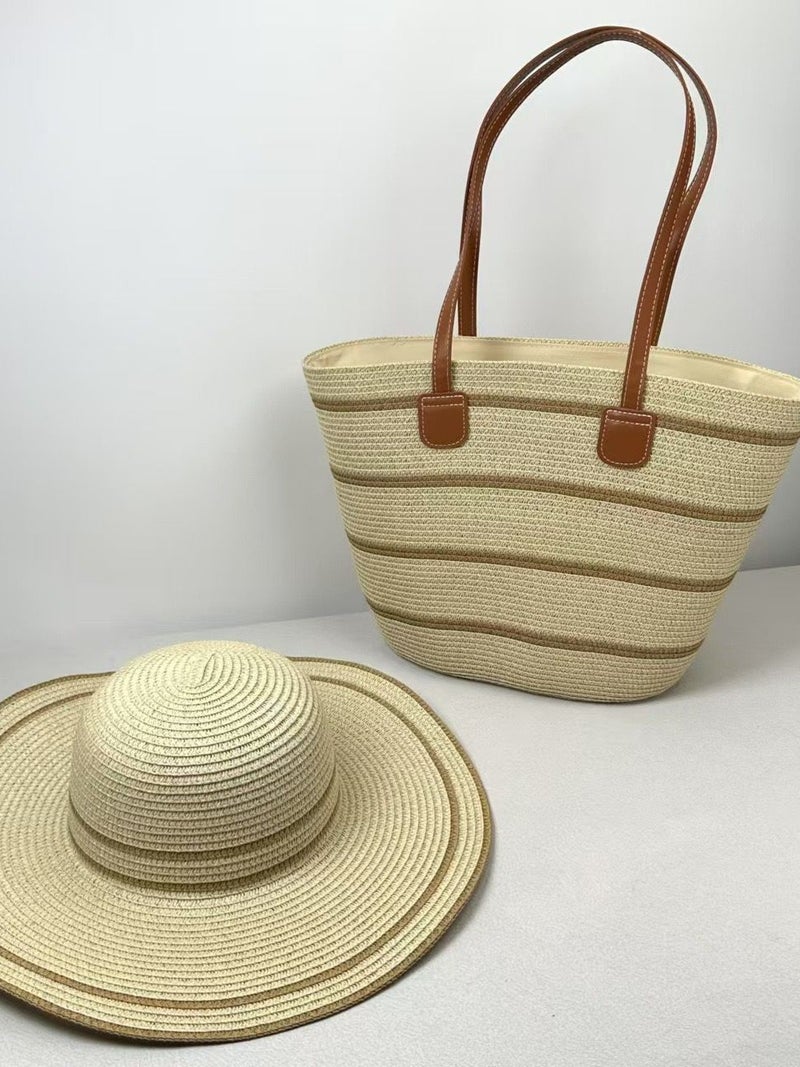 One-Shoulder Straw Bag Hat Set Women'S Bag Large-Capacity Tote Bag Seaside Vacation Satchel Beach Bag Women'S Two-Piece Set - Image 3