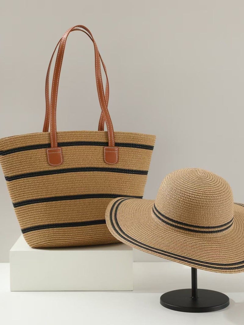 One-Shoulder Straw Bag Hat Set Women'S Bag Large-Capacity Tote Bag Seaside Vacation Satchel Beach Bag Women'S Two-Piece Set - Image 5