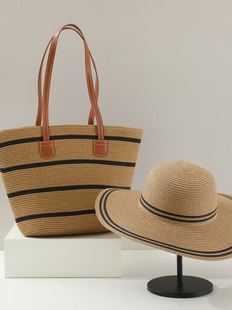 One-Shoulder Straw Bag Hat Set Women'S Bag Large-Capacity Tote Bag Seaside Vacation Satchel Beach Bag Women'S Two-Piece Set - Image 2