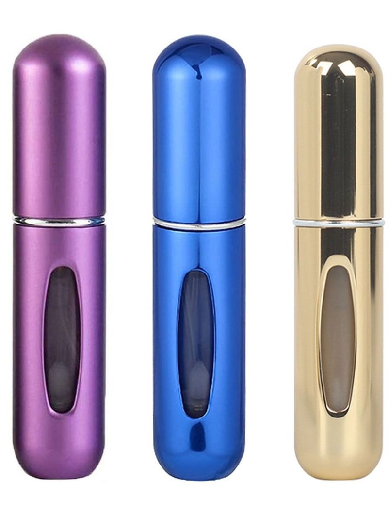 فيند عبوة بخاخ صغيرة قابلة لإعادة الملء للسفر للسفر زجاجة رذاذ عطر محمولة حقيبة سفر برائحة العطور علبة مضخة عطر فارغة عبوة من 3 زجاجات باللون البنفسجي والذهبي الأزرق - Image 1
