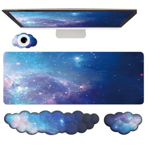 WFCYGL Cloud Wrist Rest Keyboard Galaxy Mouse Pad Set Gradient Blue Large Desk Mat Ergonomic Space Wrist Pad Memory Foam Non-Slip Stars Wrist Support for Computer Laptop Gaming Home Office Relief Typing Pain - Image 1