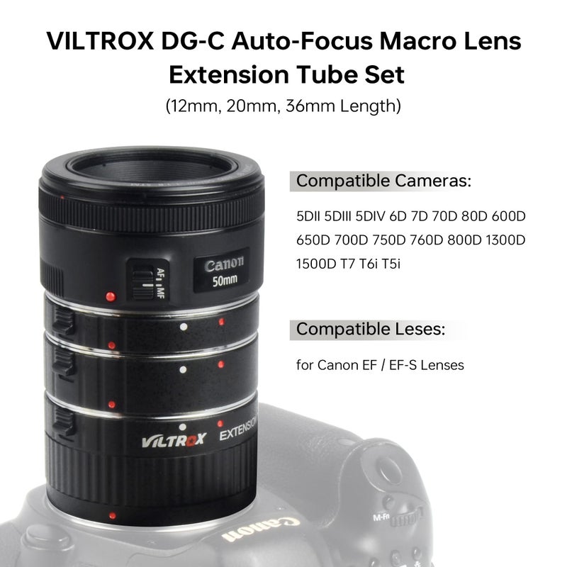VILTROX مجموعة حلقات تمديد ماكرو VILTROX DG-C المعدنية مع تركيز تلقائي (12 مم + 20 مم + 36 مم) لكاميرا كانون EF/EF-S DSLR - Image 2