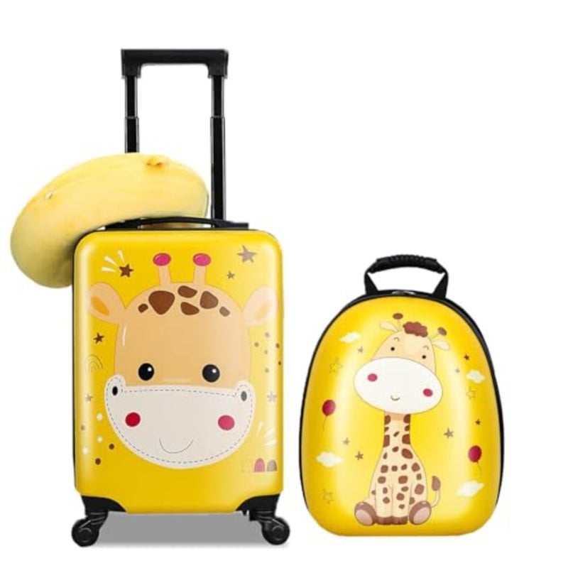3Pcs Luggage Set, 18 Inch Travel Suitcase, Cartoon Rolling Luggages, Child Trolley Bag with 14-Inch Backpack, U-Shaped Pillow, Wheels and Telescopic Handle Yellow - Image 1