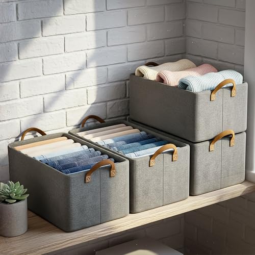 VERAT 4 Pcs of Large Foldable Storage Box and Organiser with Metal Frame/Woven Fabric Clothes Organiser with Handle/Wardrobe Organizer for Storage/Almirah Organizer for Shirts/Jeans/Sweater (Grey) - Image 1