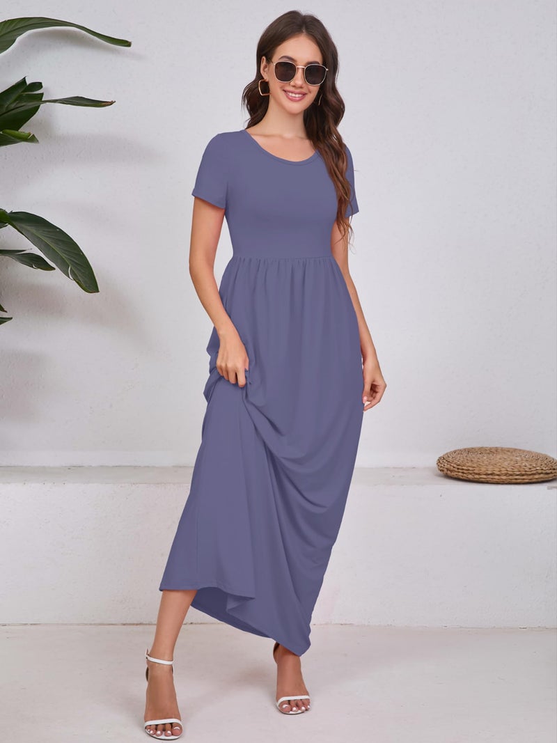 DEARCASE Maxi Dress for Women Purple Gray Medium Crewneck Short Sleeves Wedding Guest A-line Casual Loose Party Vintage Spring Summer Beach Long Dresses with Pockets - Image 3